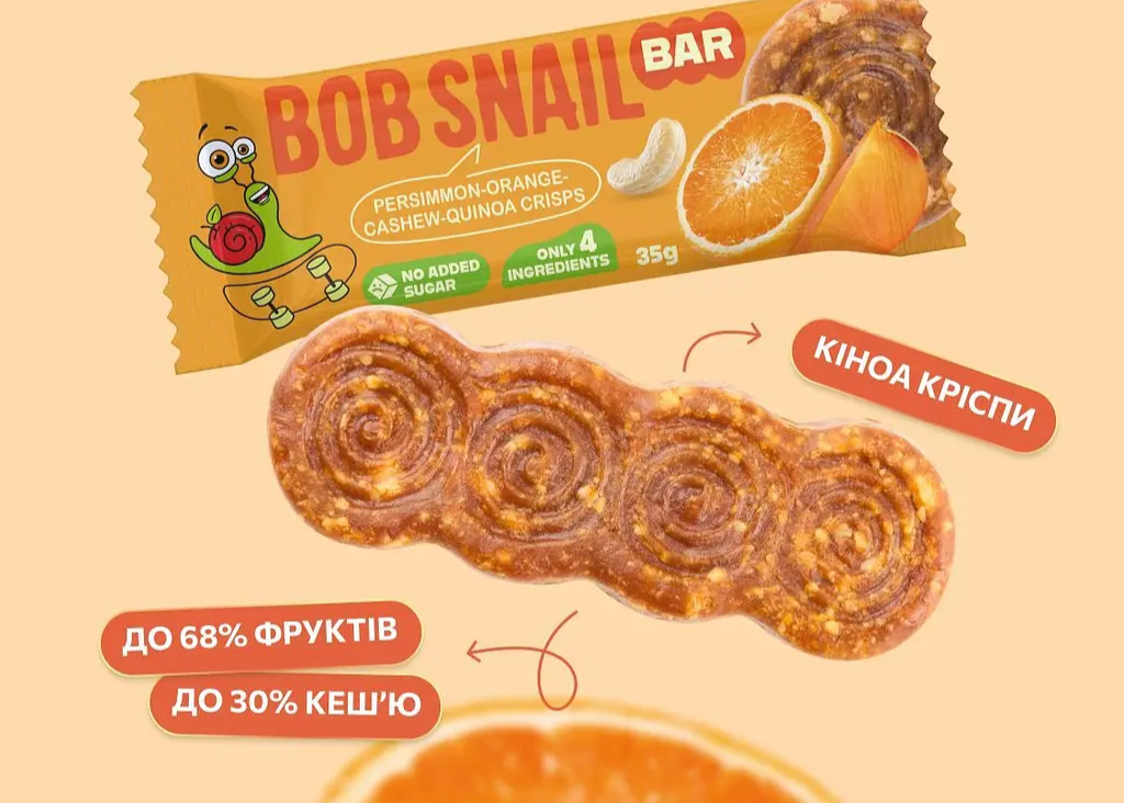 Батончик фруктово-горіховий Bar Bob Snail "Хурма-Апельсин-Кеш'ю-Кріспі Кіноа" 35 гр. ТМ Bob Snail+