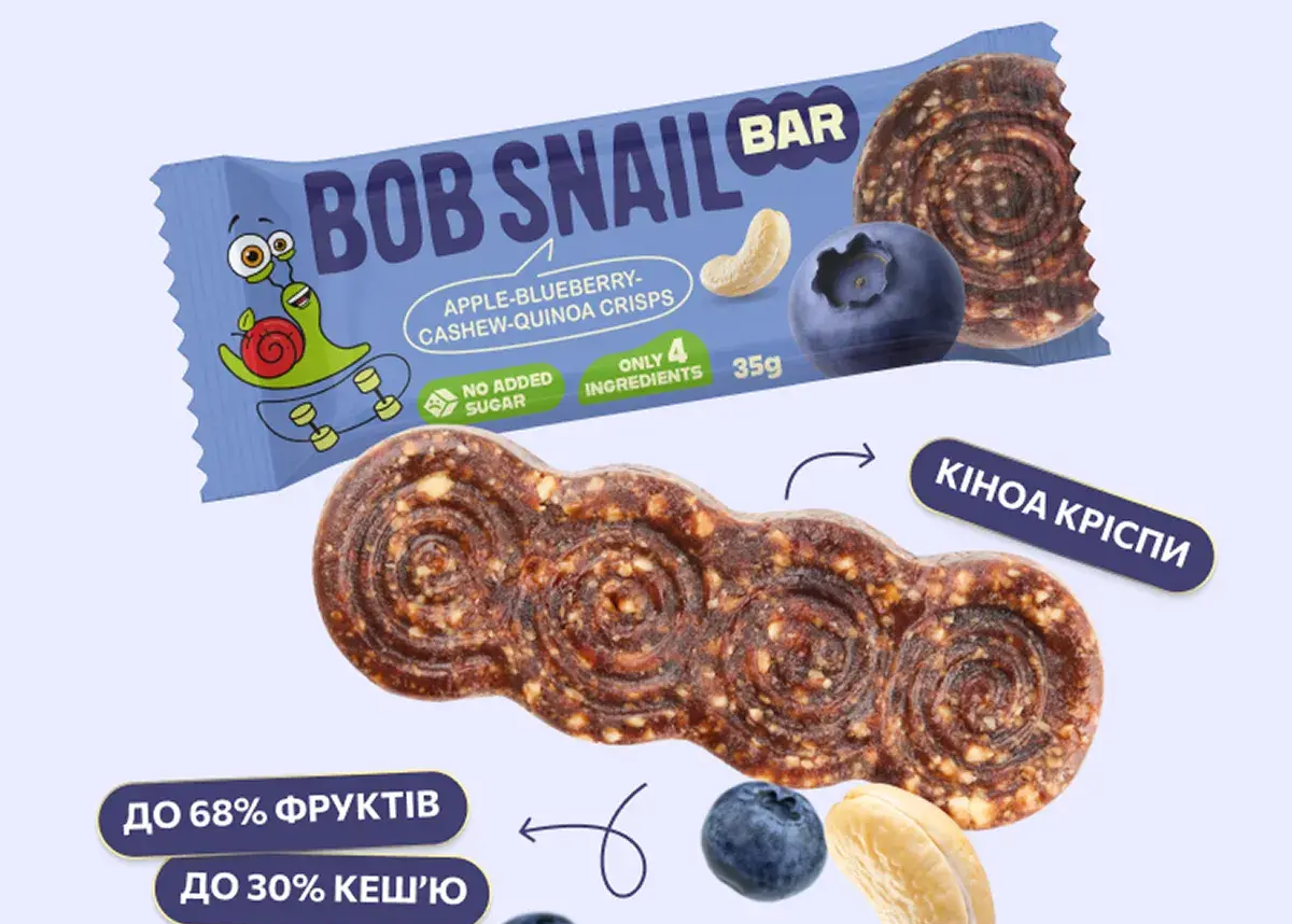 Батончик фруктово-горіховий Bar Bob Snail "Яблуко-Чорниця-Кеш'ю-Кріспі Кіноа" 35 гр. ТМ Bob Snail+