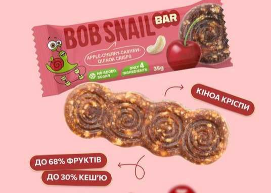 Батончик фруктово-горіховий Bar Bob Snail "Яблуко-Вишня-Кеш'ю-Кріспі Кіноа" 35 гр. ТМ Bob Snail+