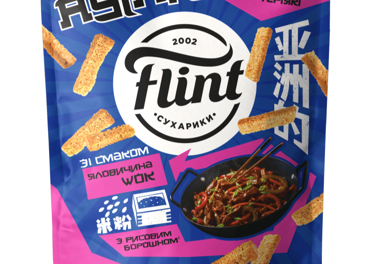 Сухарики пшеничні Flint Asian "Яловичина Wok+Соус Теріякі" 60гр. (рисове борошно) ТМ Flint+