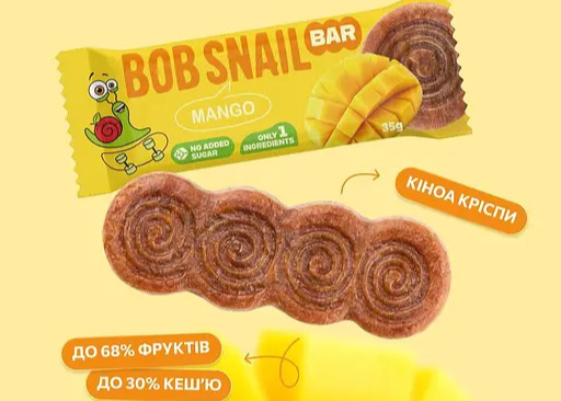 Батончик фруктово-горіховий Bar Bob Snail "Яблуко-Манго-Кеш'ю-Кріспі Кіноа" 35 гр. ТМ Bob Snail+